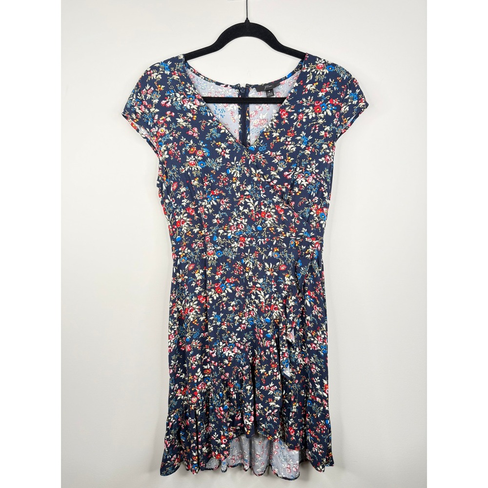 J.Crew‎ Factory Floral Wrap Dress Womens Size 4 Navy V Neck Ruffle Hem Viscose